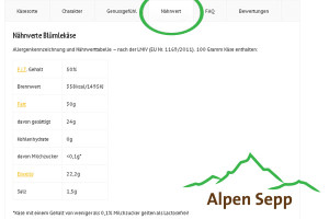 Nährwertangabe Käse im Alpen Sepp Käseshop